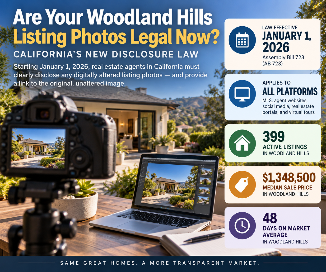 Graphic showing a camera and laptop displaying real estate listing photos, with callout boxes summarizing California's AB 723 photo disclosure law effective January 1, 2026