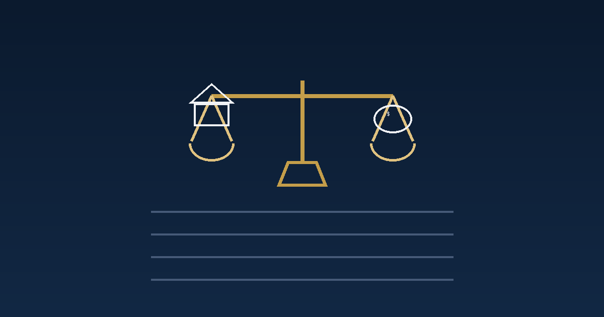 Illustrative graphic of a scale weighing a house against a dollar sign, representing California's small estate and real property probate thresholds