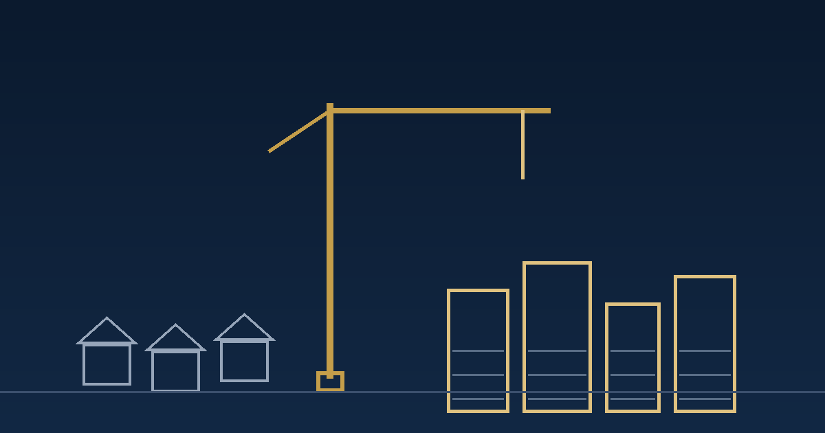 Illustrative graphic of a construction crane and rising building silhouettes near an existing neighborhood, representing the Rams Village redevelopment
