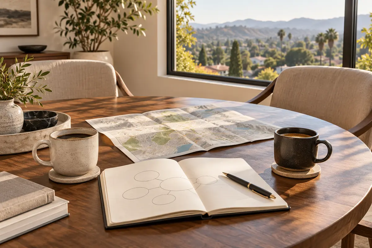 Two empty chairs, coffee, a notebook and a neighborhood map set for an initial buyer conversation