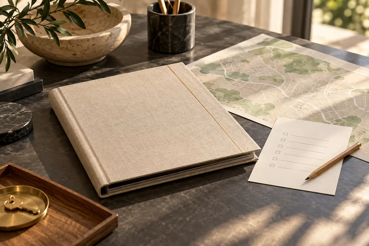 A folder, checklist and map arranged for a written buyer plan