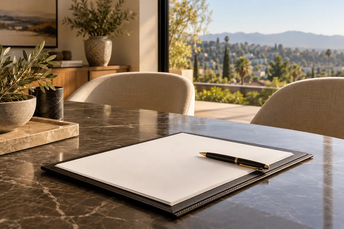 An unsigned agreement and pen ready for review