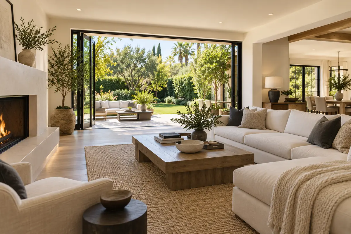 An empty sunlit living room viewed during a home tour