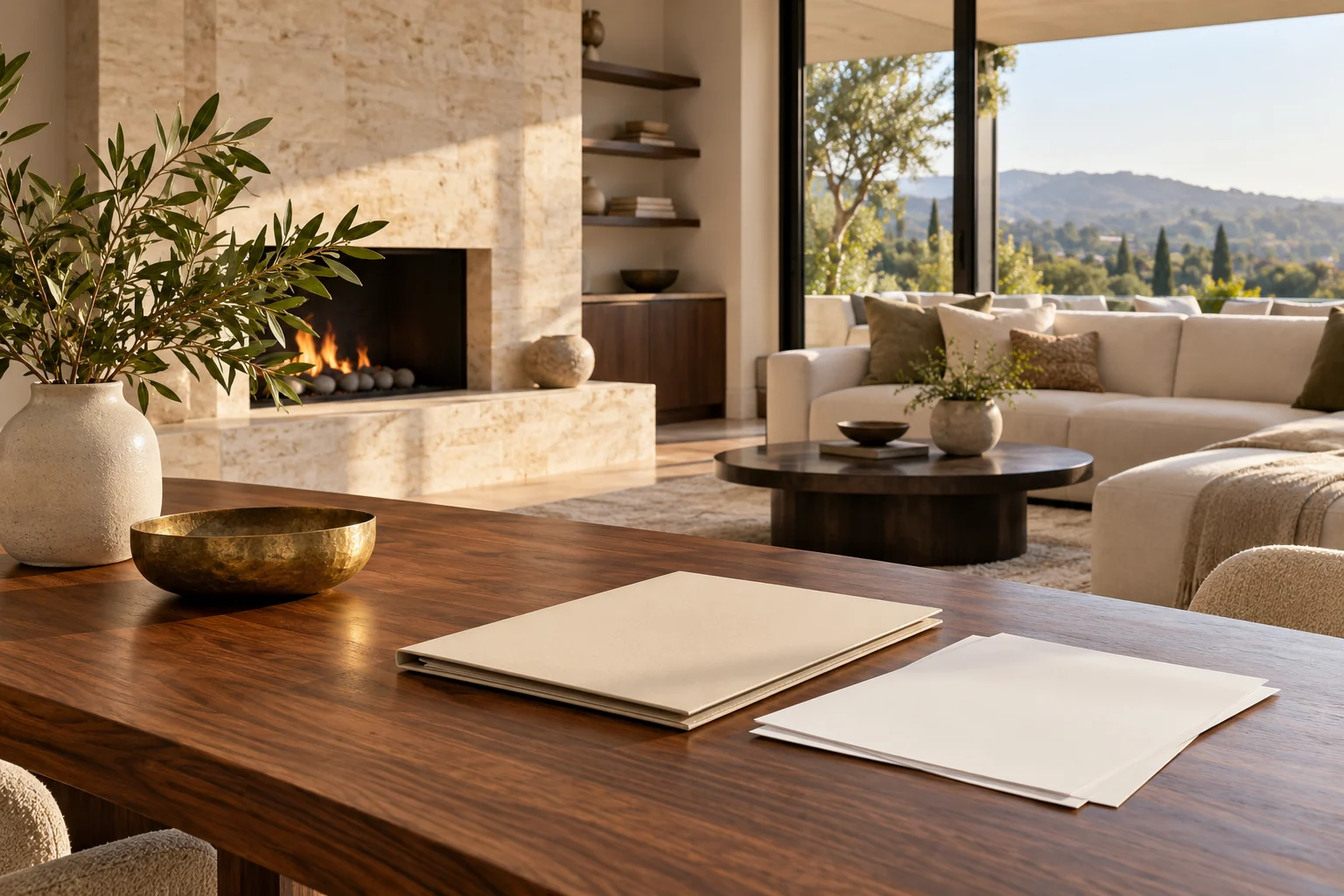 Presentation folder and blank documents on a table in a bright home