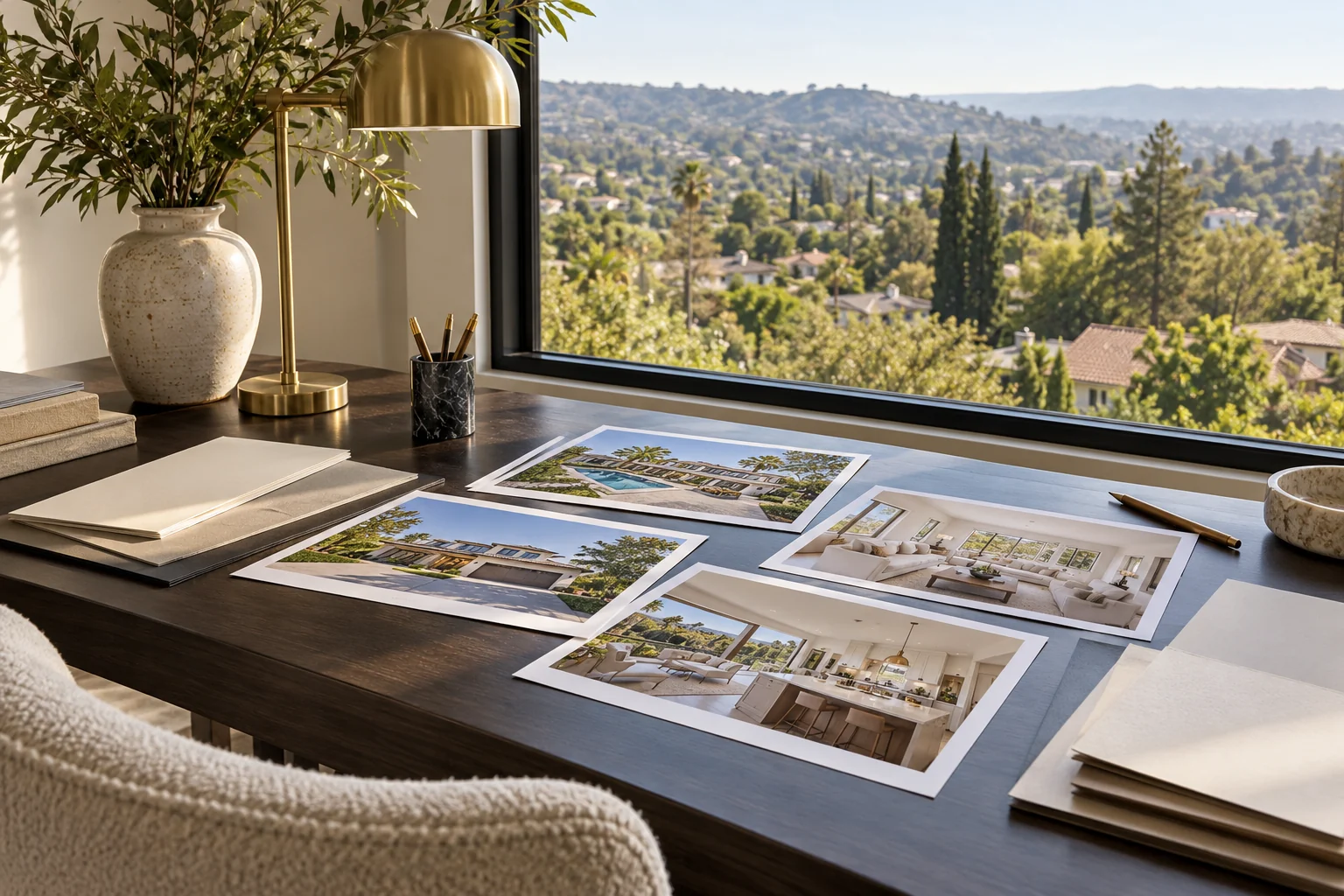 Property photographs arranged on a desk overlooking a tree-lined neighborhood