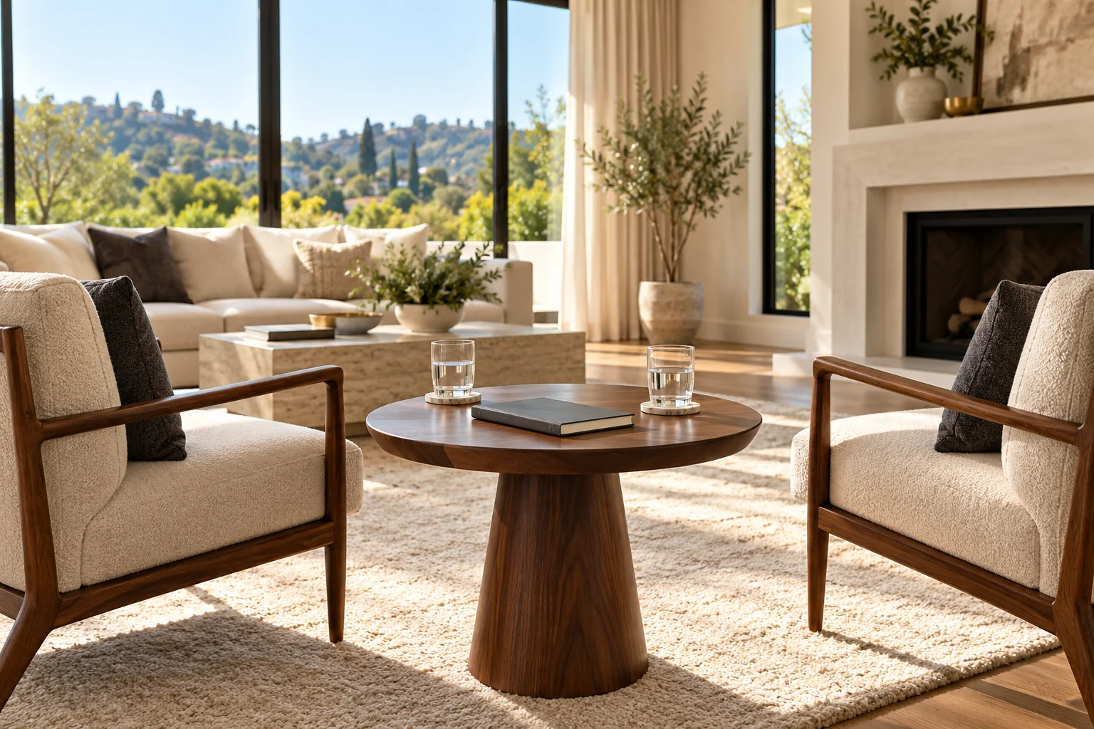Two empty chairs set for a seller conversation in a bright living room