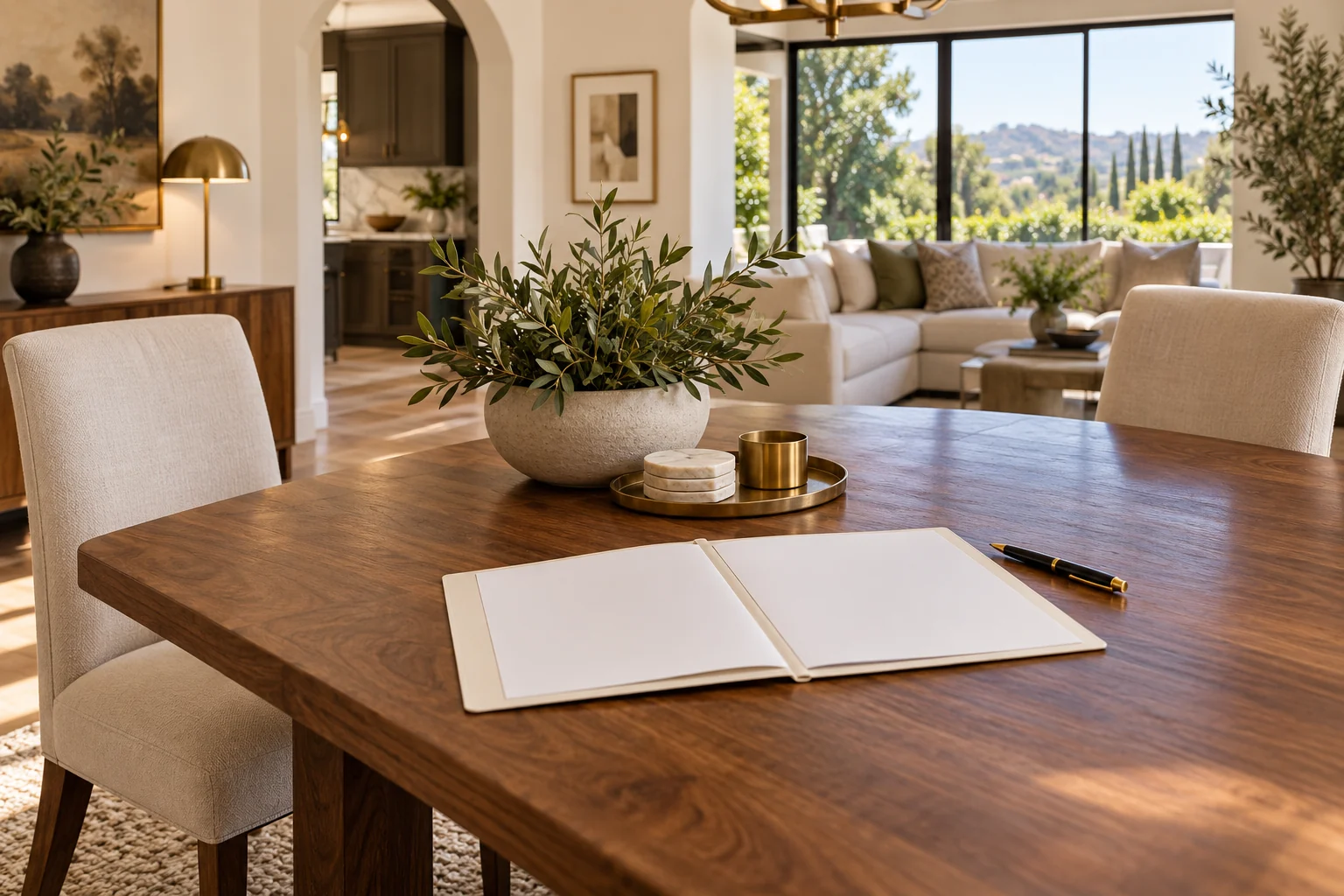 Empty chairs and open blank folder prepared for a listing appointment
